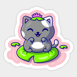 Cute Cat Sitting On Leaf Cartoon Vector Icon Illustration Sticker